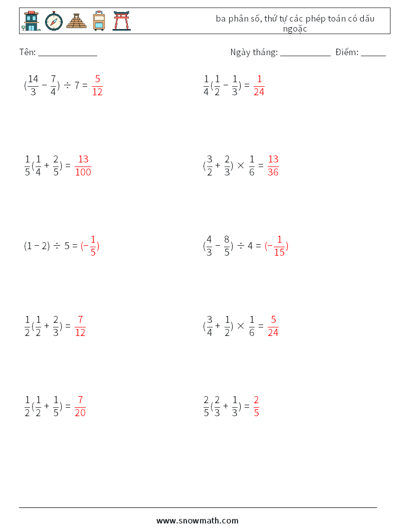 (10) ba phân số, thứ tự các phép toán có dấu ngoặc Bảng tính toán học 9 Câu hỏi, câu trả lời