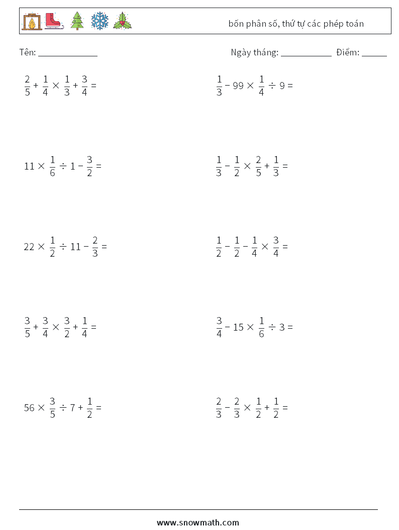 (10) bốn phân số, thứ tự các phép toán Bảng tính toán học 10