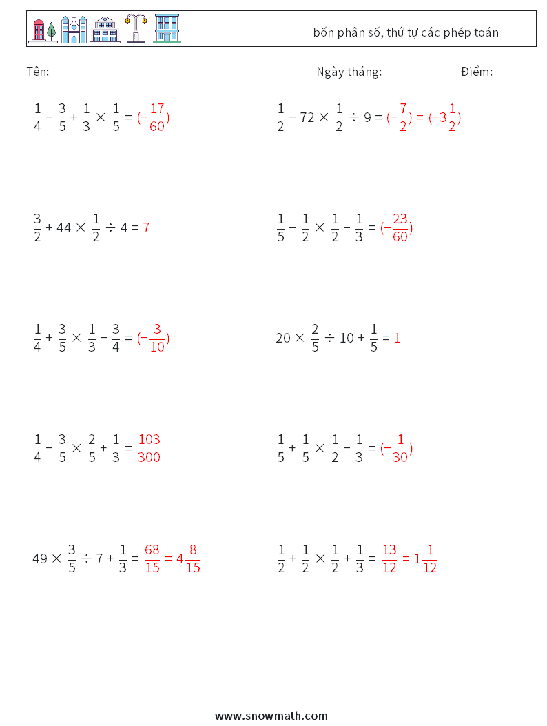 (10) bốn phân số, thứ tự các phép toán Bảng tính toán học 11 Câu hỏi, câu trả lời