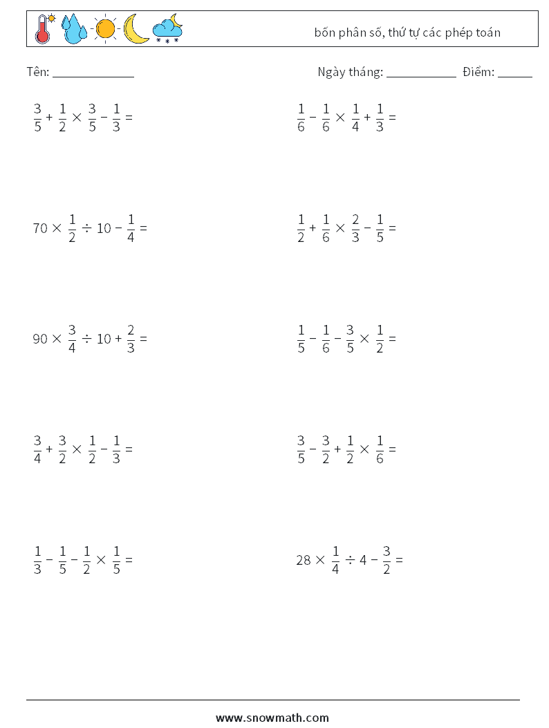 (10) bốn phân số, thứ tự các phép toán Bảng tính toán học 12