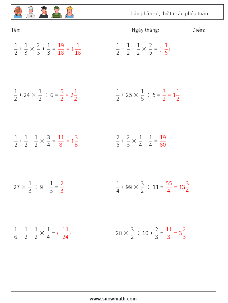 (10) bốn phân số, thứ tự các phép toán Bảng tính toán học 14 Câu hỏi, câu trả lời