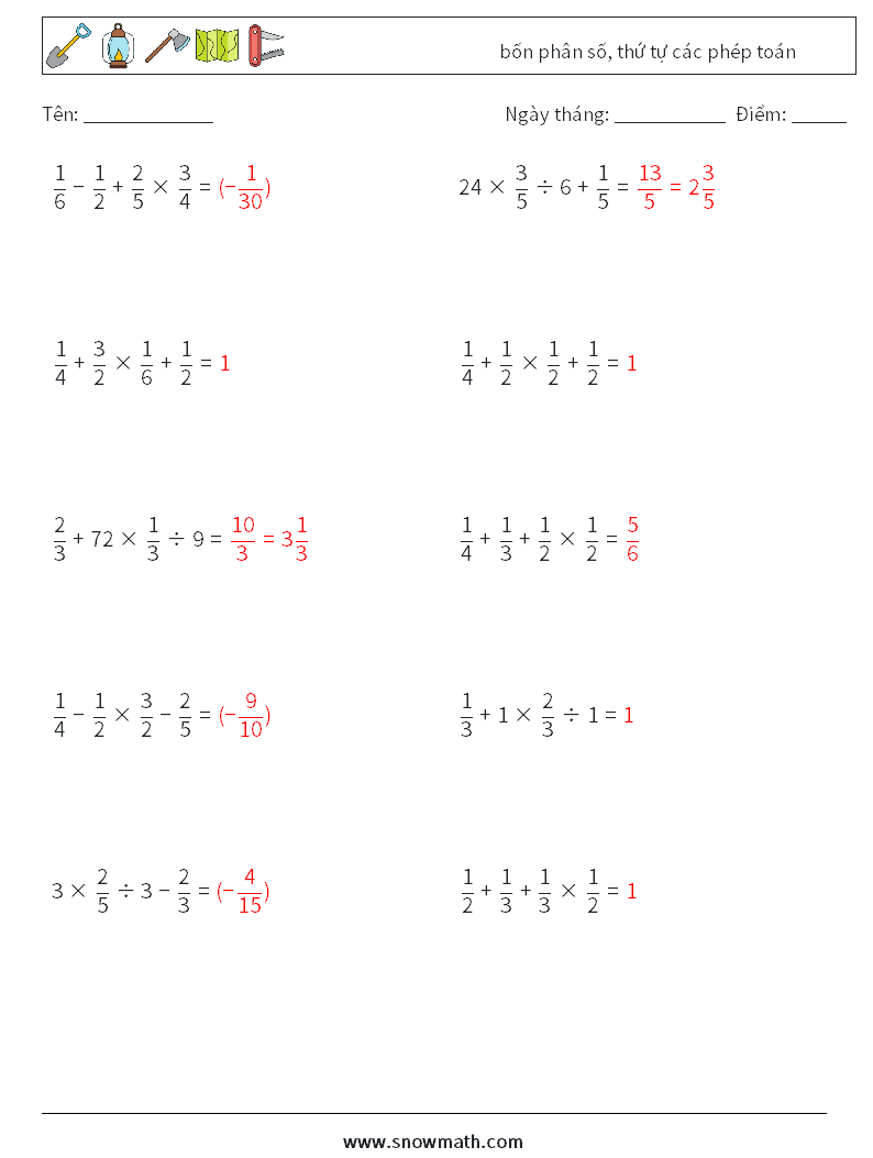 (10) bốn phân số, thứ tự các phép toán Bảng tính toán học 15 Câu hỏi, câu trả lời