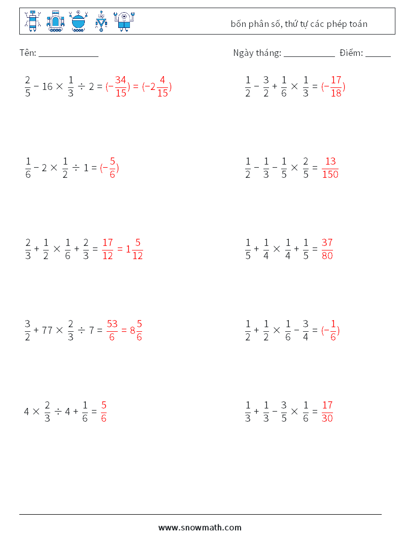 (10) bốn phân số, thứ tự các phép toán Bảng tính toán học 16 Câu hỏi, câu trả lời