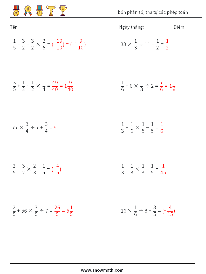 (10) bốn phân số, thứ tự các phép toán Bảng tính toán học 17 Câu hỏi, câu trả lời