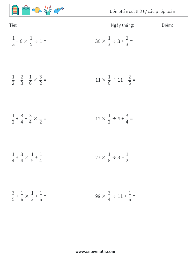 (10) bốn phân số, thứ tự các phép toán Bảng tính toán học 18