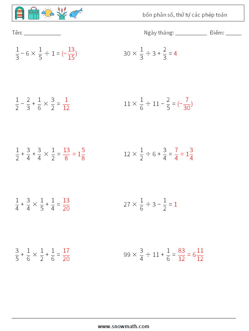 (10) bốn phân số, thứ tự các phép toán Bảng tính toán học 18 Câu hỏi, câu trả lời