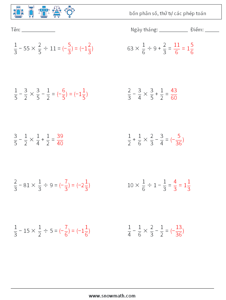 (10) bốn phân số, thứ tự các phép toán Bảng tính toán học 1 Câu hỏi, câu trả lời