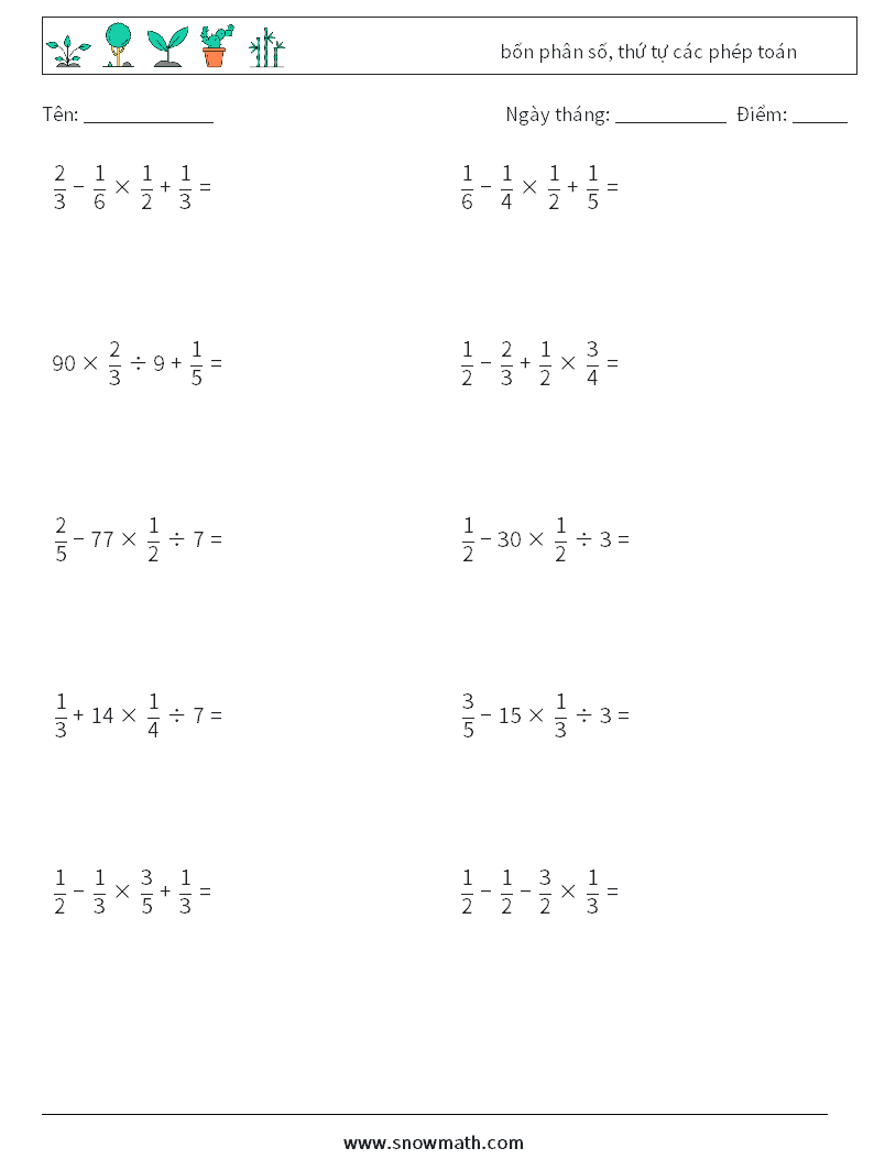 (10) bốn phân số, thứ tự các phép toán Bảng tính toán học 4