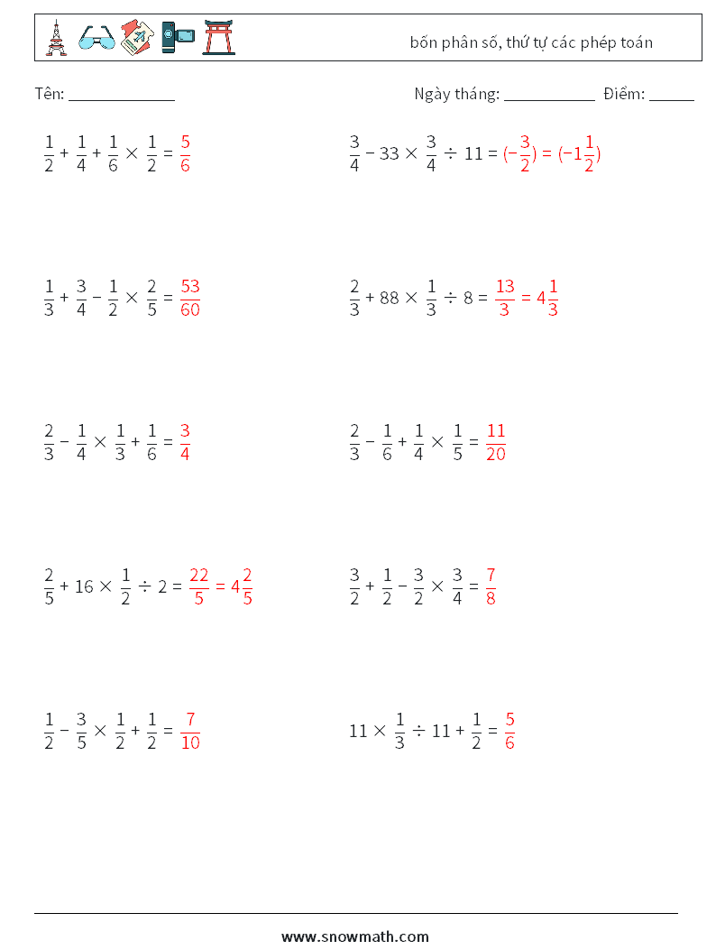 (10) bốn phân số, thứ tự các phép toán Bảng tính toán học 5 Câu hỏi, câu trả lời