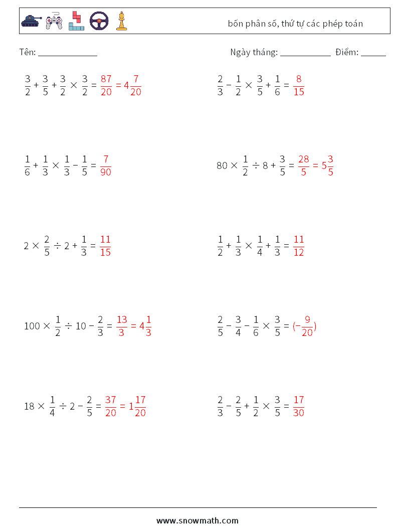(10) bốn phân số, thứ tự các phép toán Bảng tính toán học 6 Câu hỏi, câu trả lời