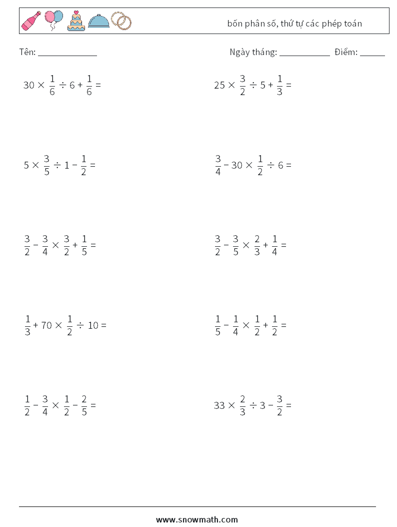 (10) bốn phân số, thứ tự các phép toán Bảng tính toán học 8
