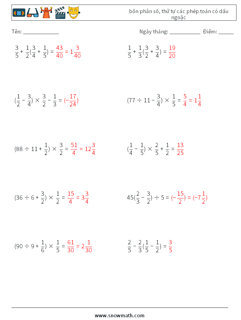 (10) bốn phân số, thứ tự các phép toán có dấu ngoặc Bảng tính toán học 11 Câu hỏi, câu trả lời