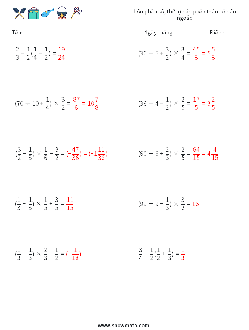 (10) bốn phân số, thứ tự các phép toán có dấu ngoặc Bảng tính toán học 12 Câu hỏi, câu trả lời