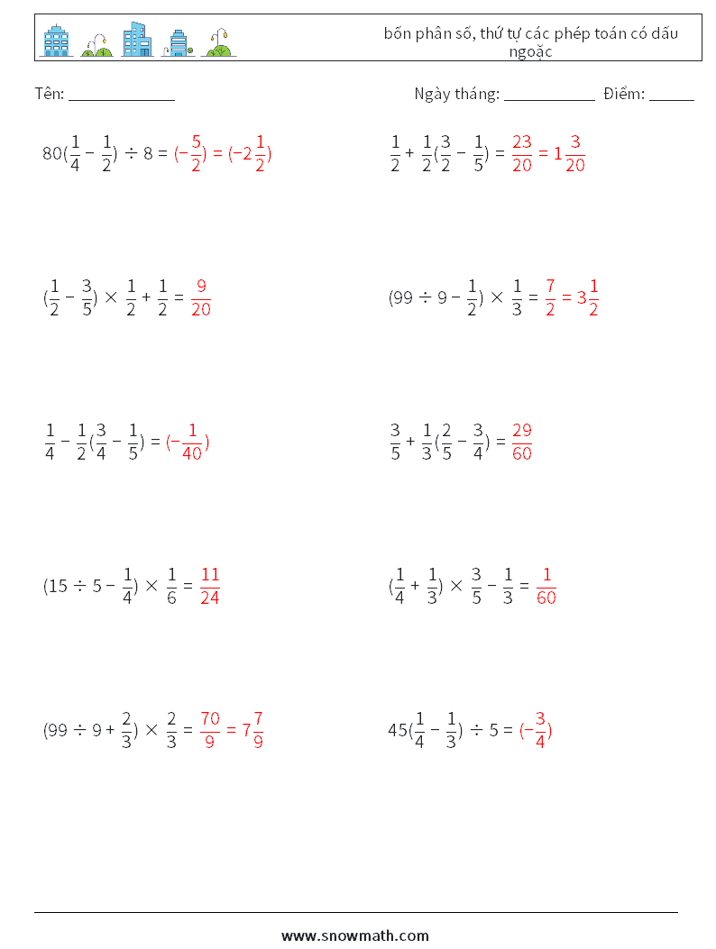 (10) bốn phân số, thứ tự các phép toán có dấu ngoặc Bảng tính toán học 16 Câu hỏi, câu trả lời