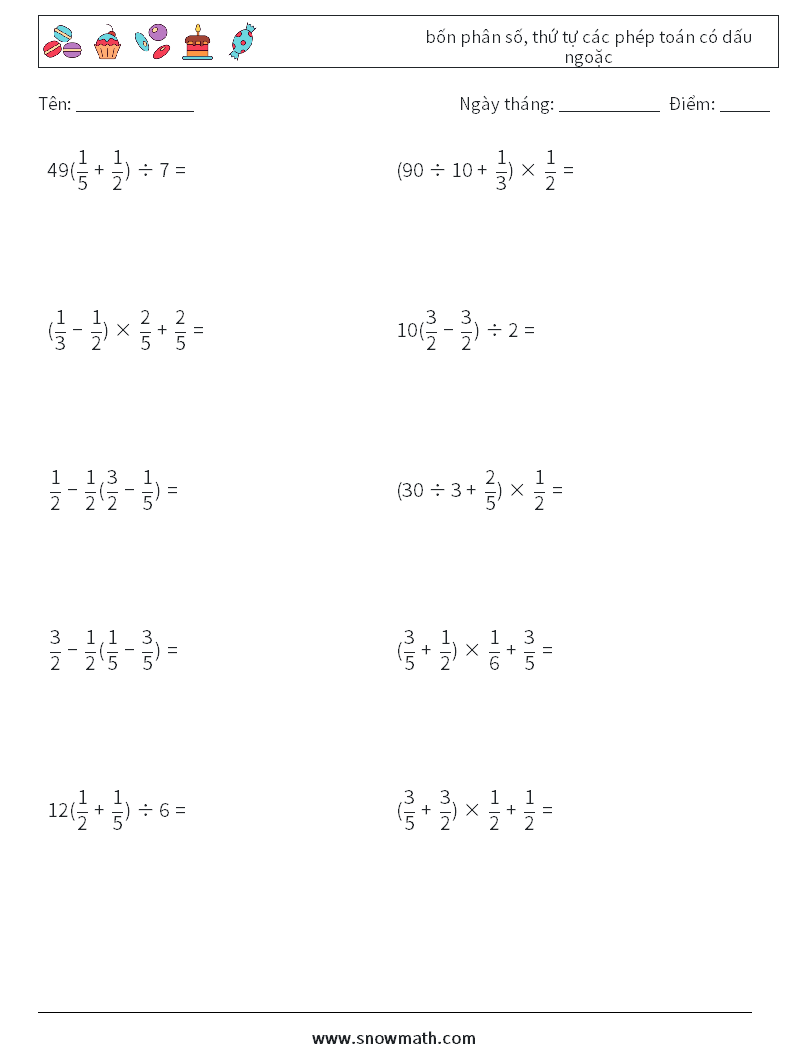 (10) bốn phân số, thứ tự các phép toán có dấu ngoặc Bảng tính toán học 18