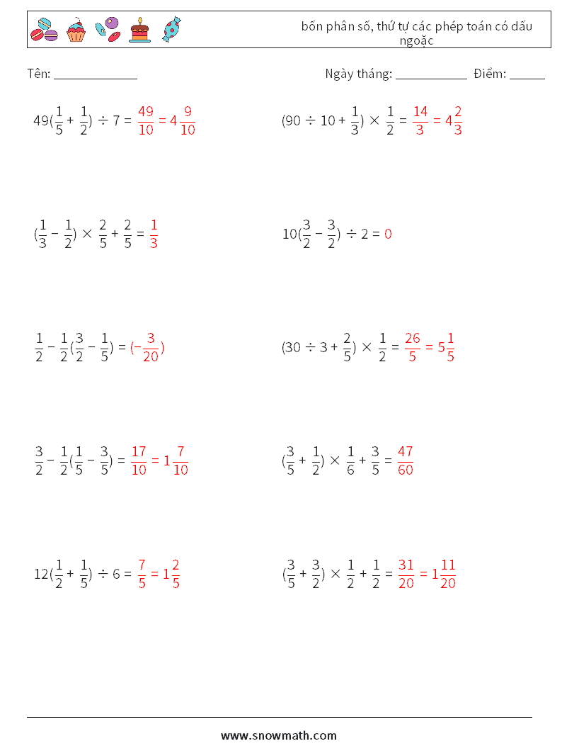 (10) bốn phân số, thứ tự các phép toán có dấu ngoặc Bảng tính toán học 18 Câu hỏi, câu trả lời