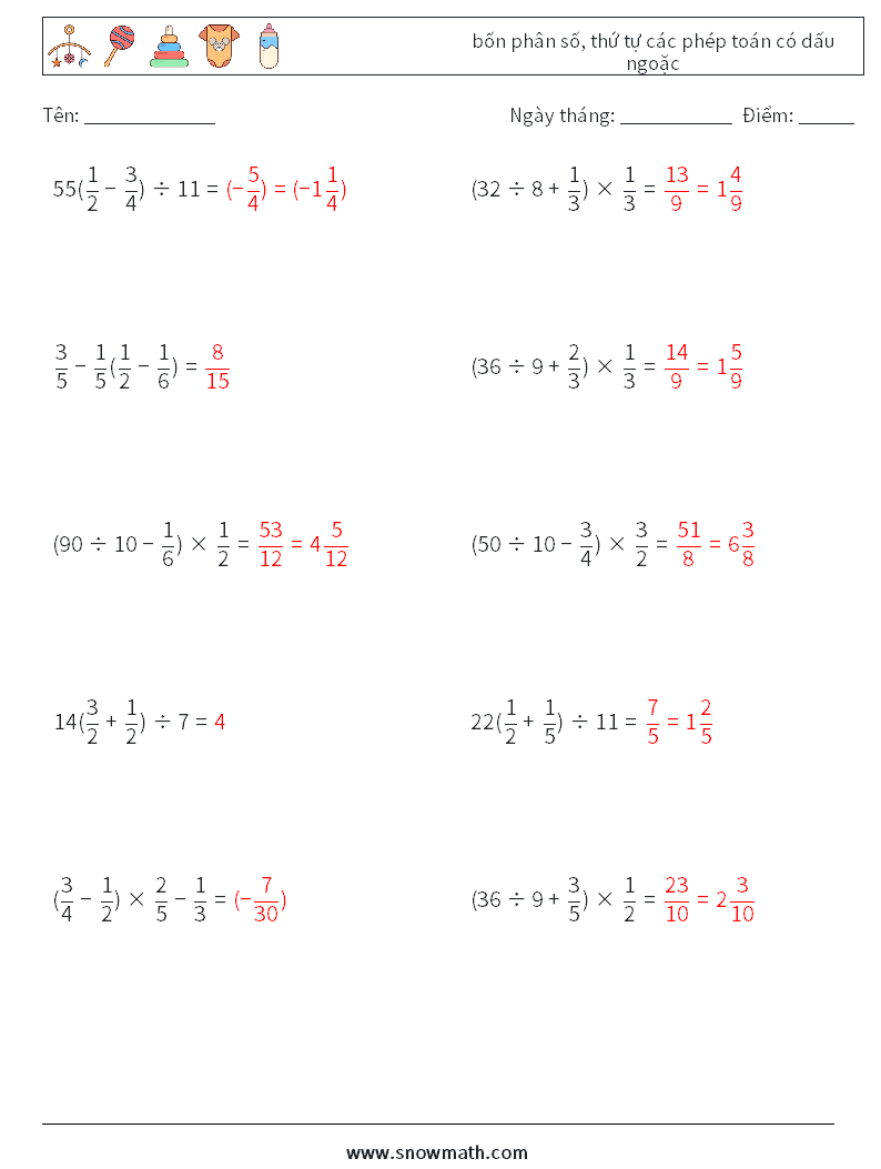 (10) bốn phân số, thứ tự các phép toán có dấu ngoặc Bảng tính toán học 6 Câu hỏi, câu trả lời