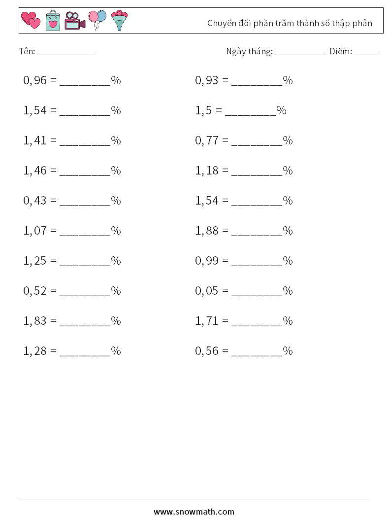 Chuyển đổi phần trăm thành số thập phân Bảng tính toán học 3