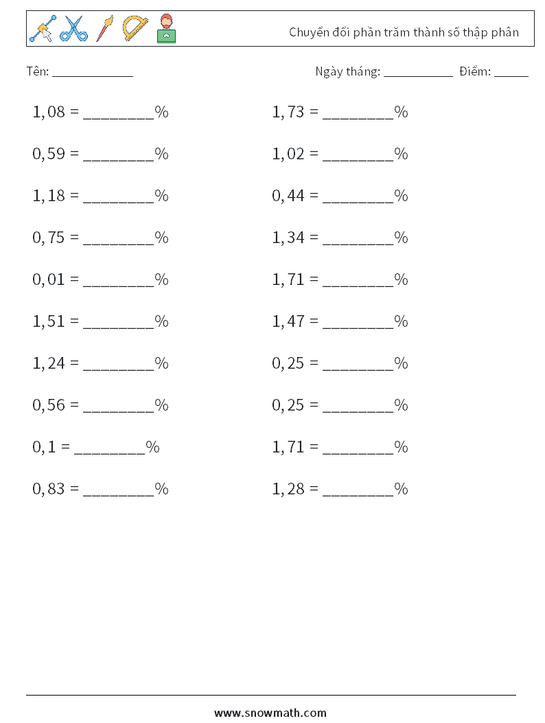 Chuyển đổi phần trăm thành số thập phân Bảng tính toán học 5