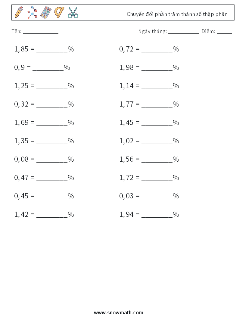 Chuyển đổi phần trăm thành số thập phân Bảng tính toán học 6