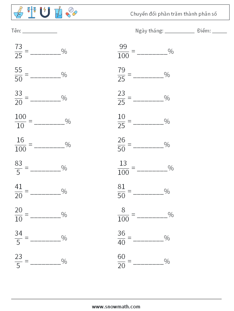 Chuyển đổi phần trăm thành phân số Bảng tính toán học 1