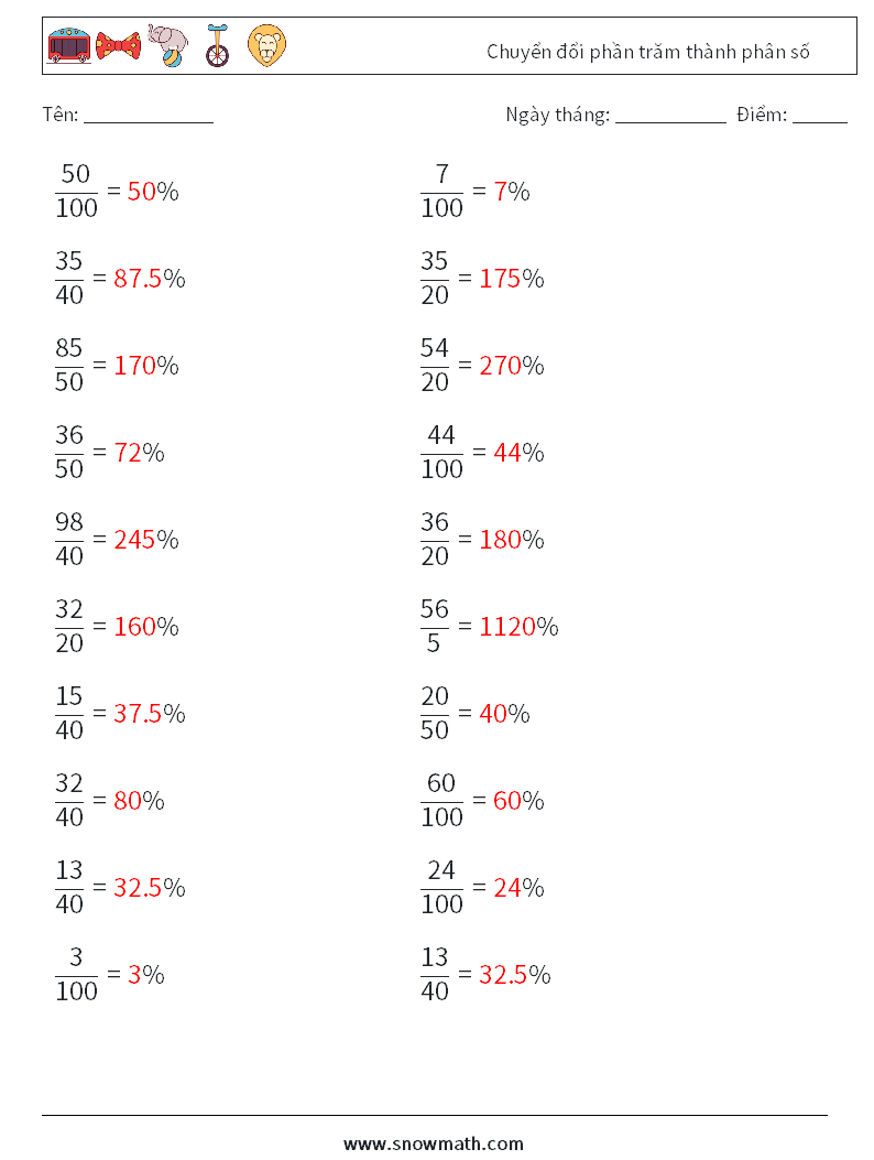 Chuyển đổi phần trăm thành phân số Bảng tính toán học 2 Câu hỏi, câu trả lời