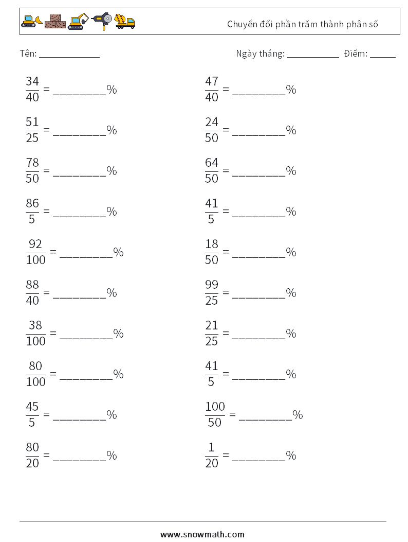 Chuyển đổi phần trăm thành phân số Bảng tính toán học 3