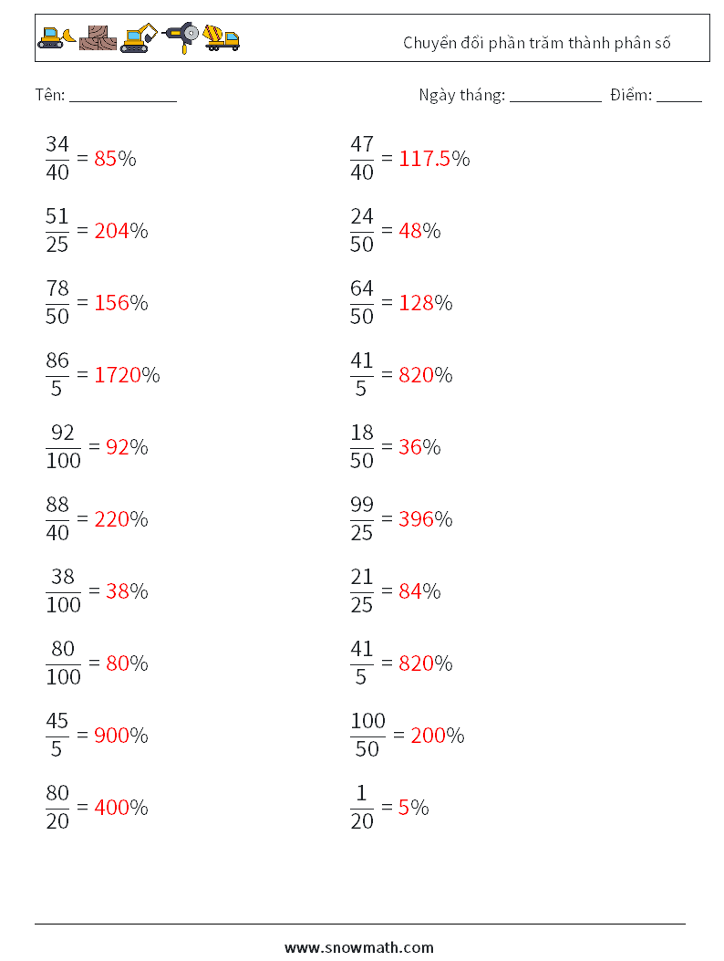 Chuyển đổi phần trăm thành phân số Bảng tính toán học 3 Câu hỏi, câu trả lời