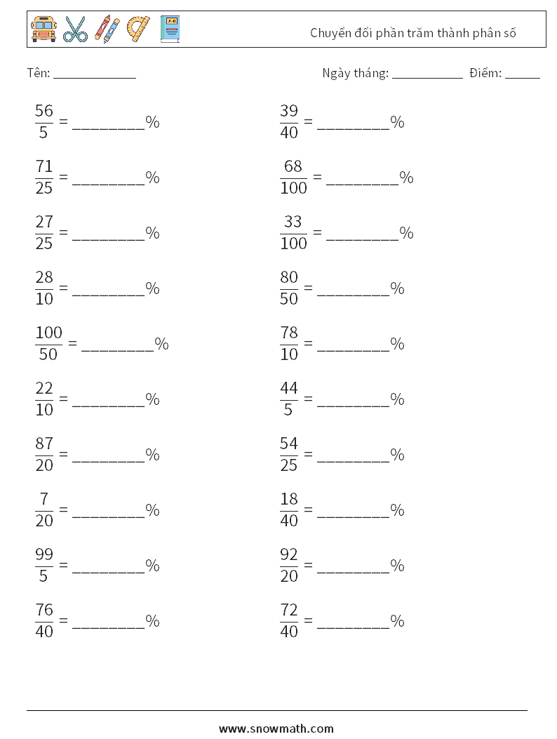 Chuyển đổi phần trăm thành phân số Bảng tính toán học 4