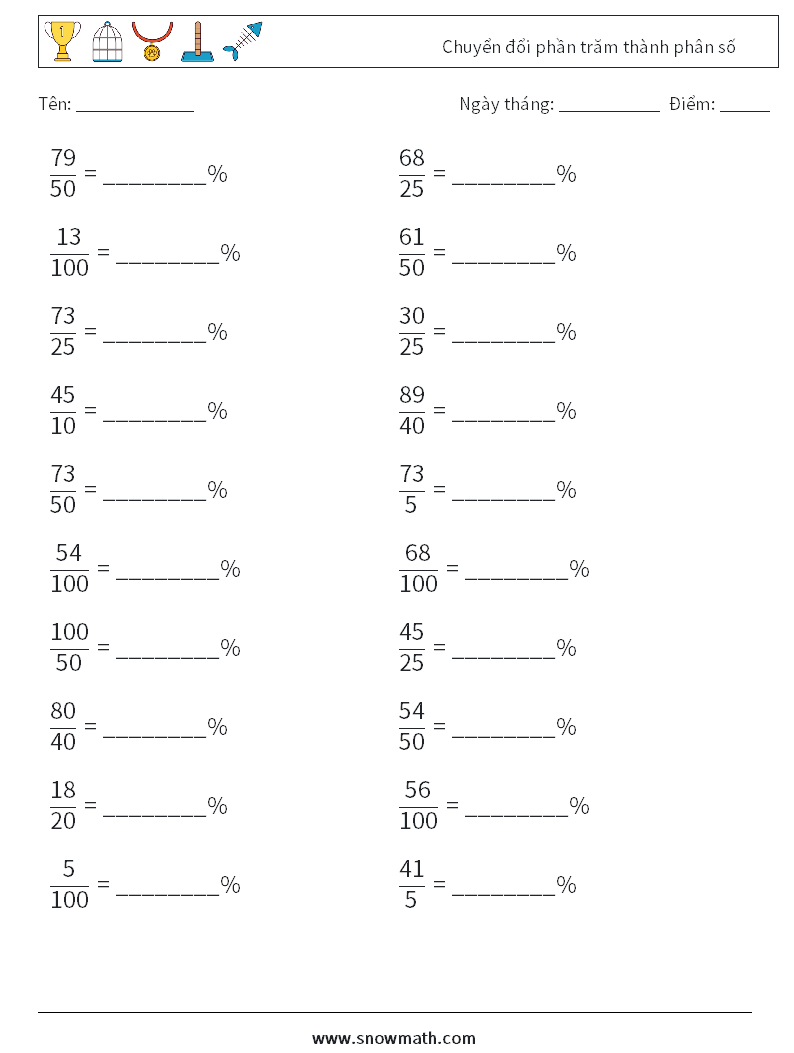 Chuyển đổi phần trăm thành phân số Bảng tính toán học 5