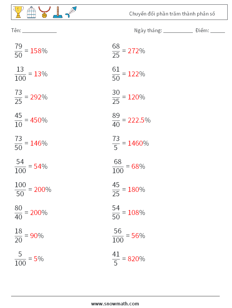 Chuyển đổi phần trăm thành phân số Bảng tính toán học 5 Câu hỏi, câu trả lời