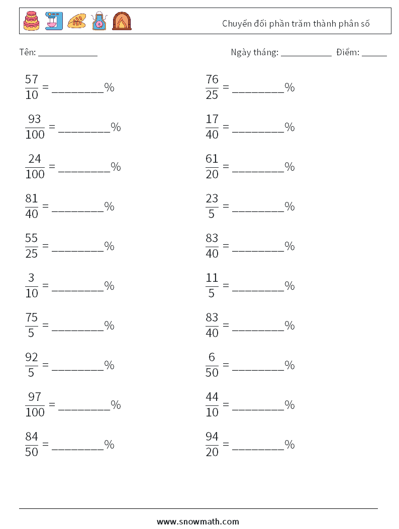Chuyển đổi phần trăm thành phân số Bảng tính toán học 6