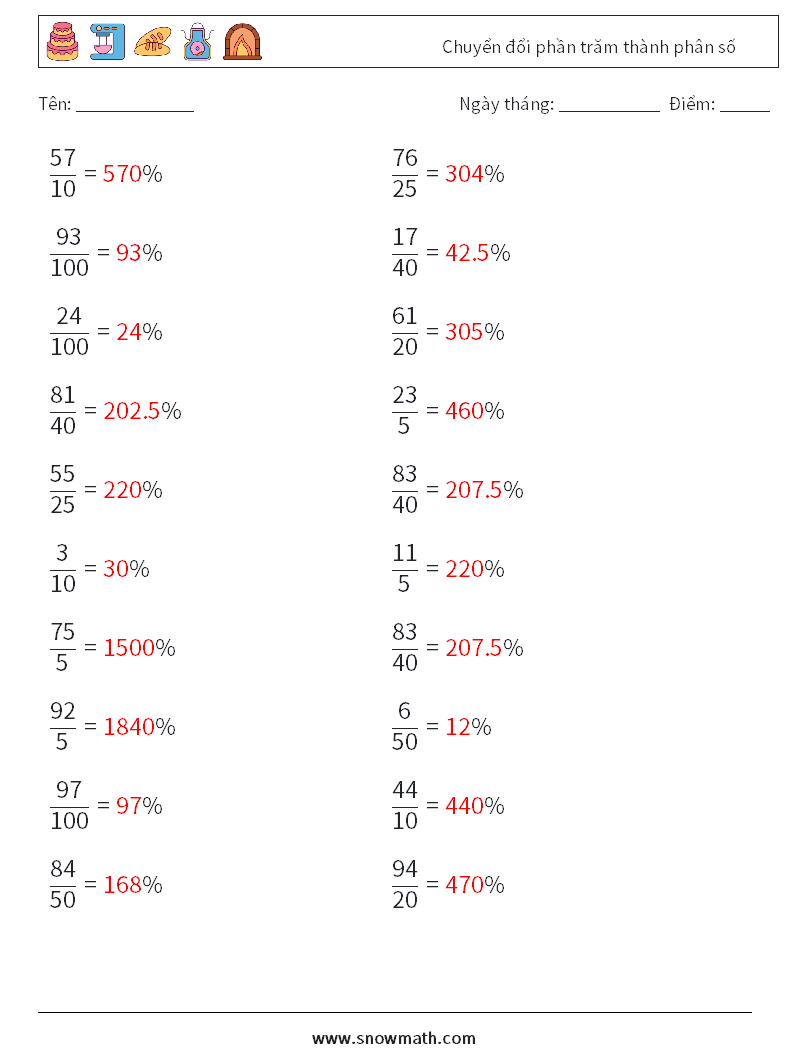 Chuyển đổi phần trăm thành phân số Bảng tính toán học 6 Câu hỏi, câu trả lời