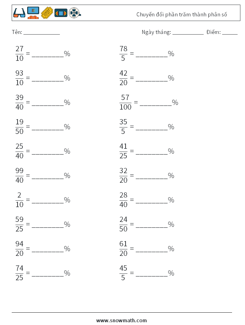 Chuyển đổi phần trăm thành phân số Bảng tính toán học 7
