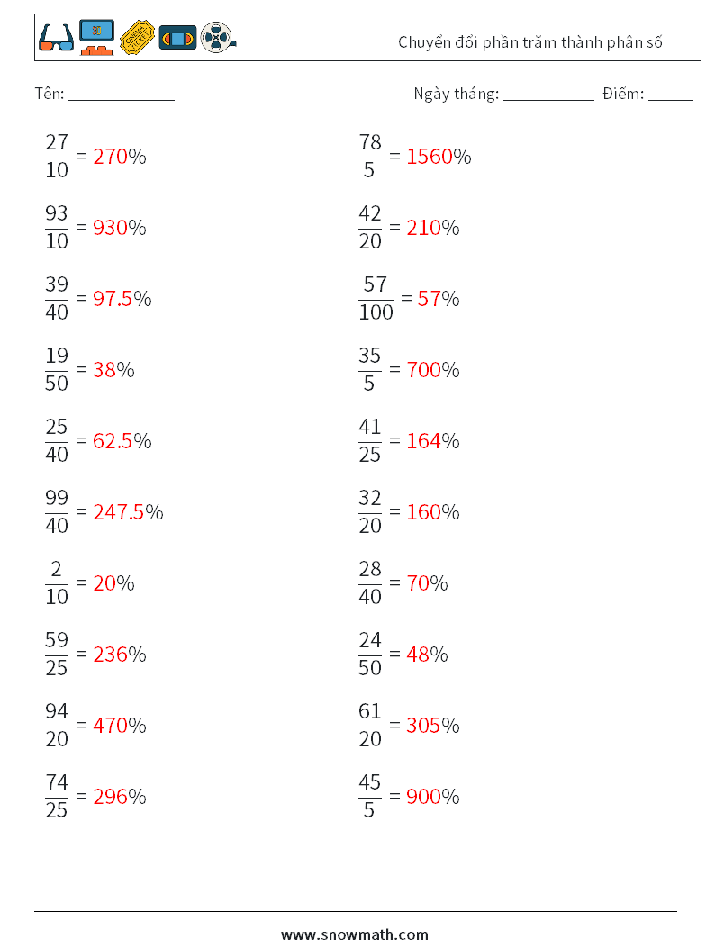Chuyển đổi phần trăm thành phân số Bảng tính toán học 7 Câu hỏi, câu trả lời