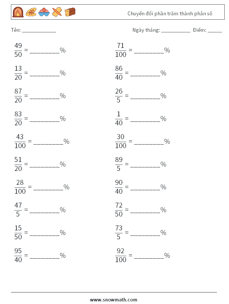 Chuyển đổi phần trăm thành phân số Bảng tính toán học 8