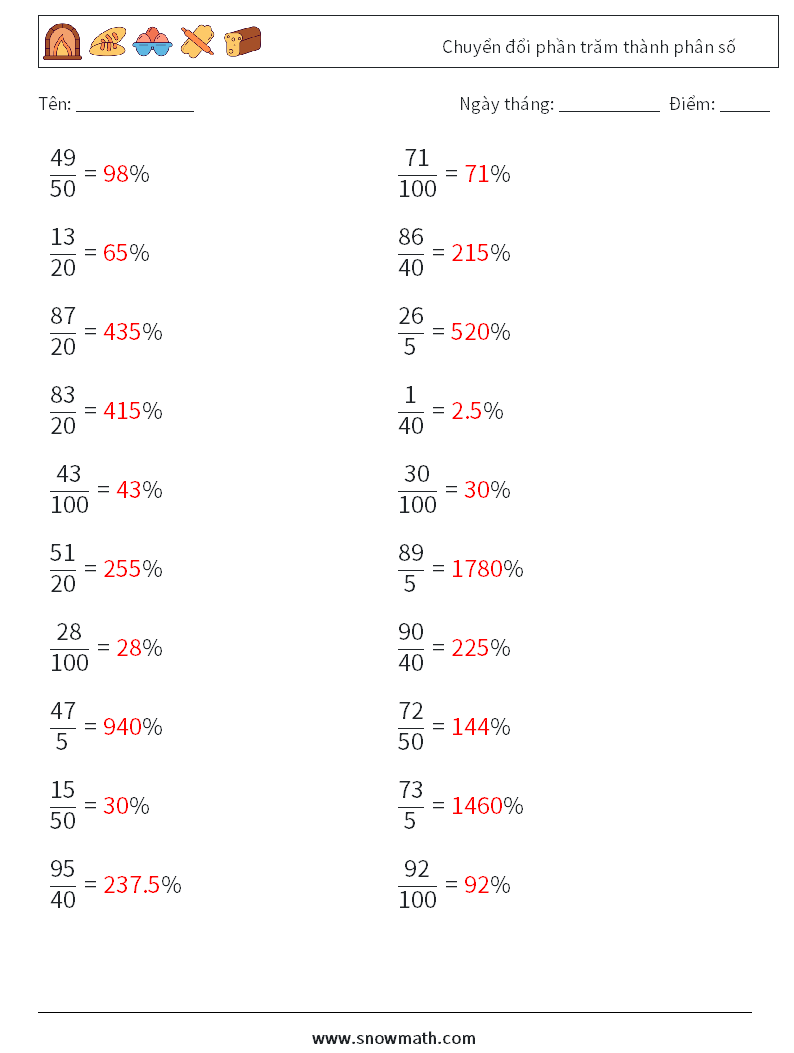Chuyển đổi phần trăm thành phân số Bảng tính toán học 8 Câu hỏi, câu trả lời
