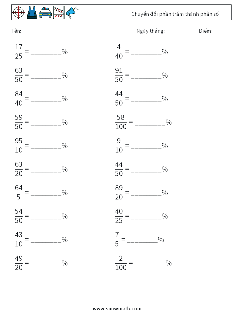 Chuyển đổi phần trăm thành phân số Bảng tính toán học 9