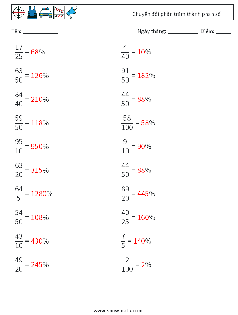 Chuyển đổi phần trăm thành phân số Bảng tính toán học 9 Câu hỏi, câu trả lời