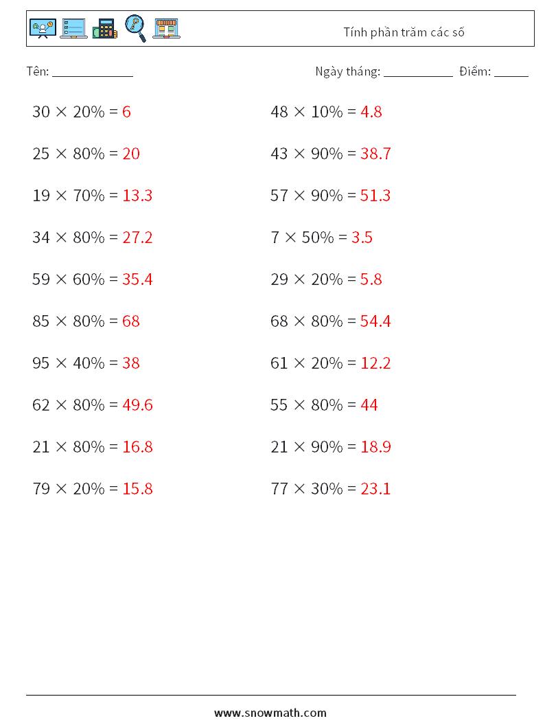 Tính phần trăm các số Bảng tính toán học 9 Câu hỏi, câu trả lời