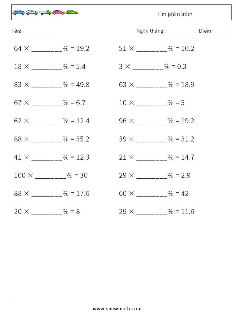 Tìm phần trăm Bảng tính toán học 5