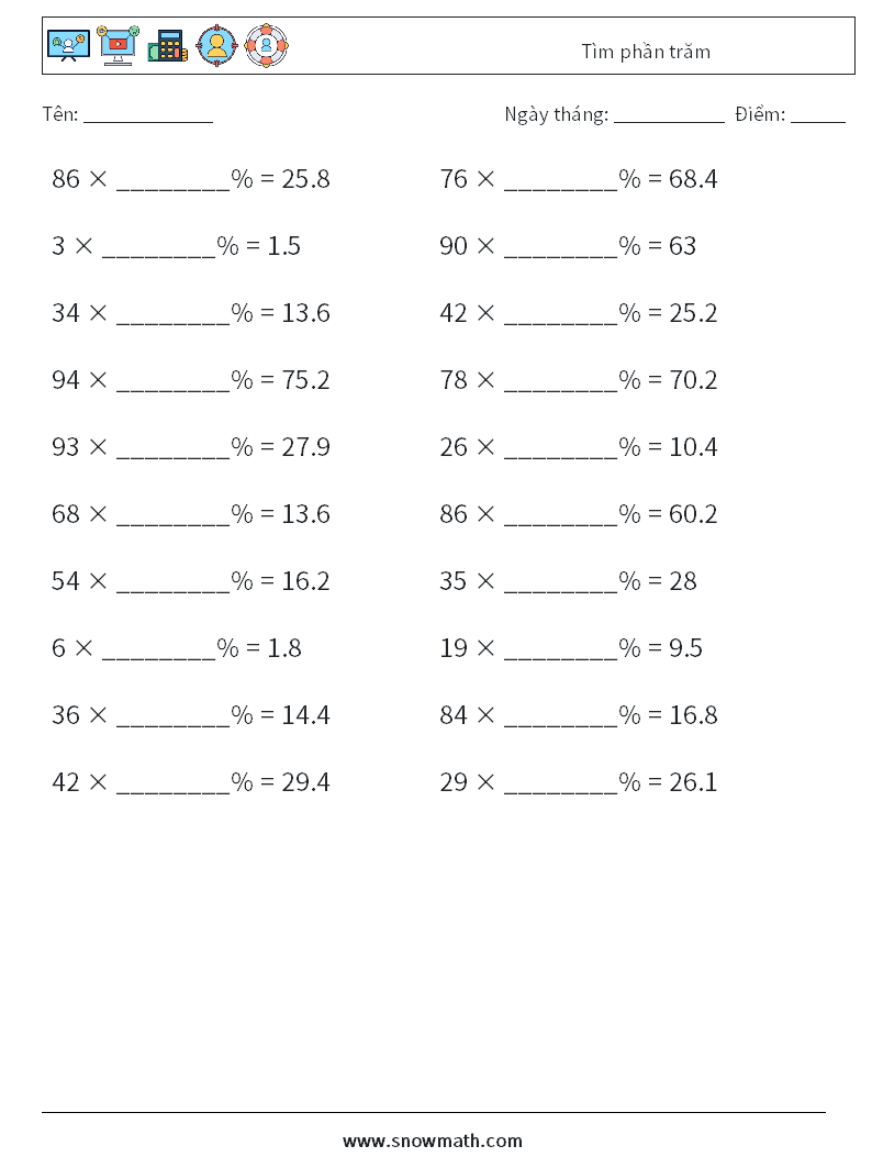 Tìm phần trăm Bảng tính toán học 6