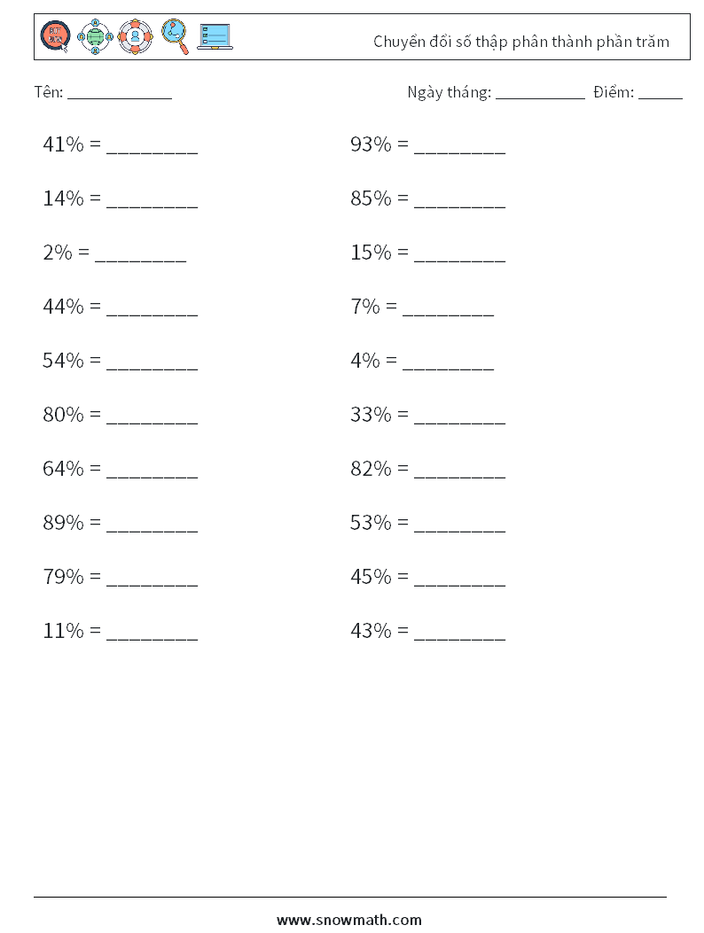 Chuyển đổi số thập phân thành phần trăm Bảng tính toán học 6