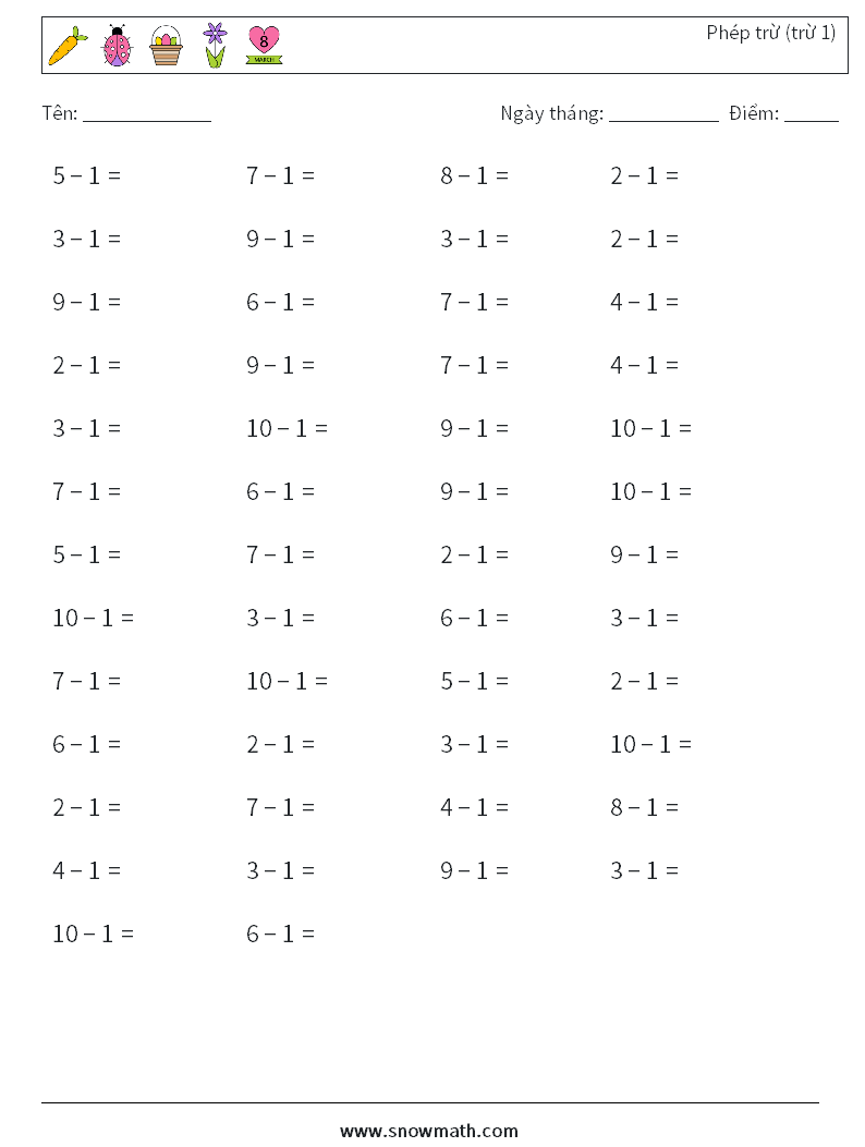 (50) Phép trừ (trừ 1) Bảng tính toán học 2