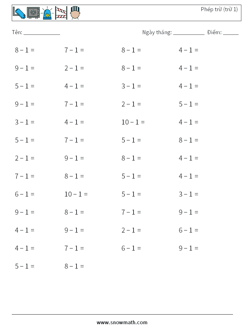 (50) Phép trừ (trừ 1) Bảng tính toán học 3
