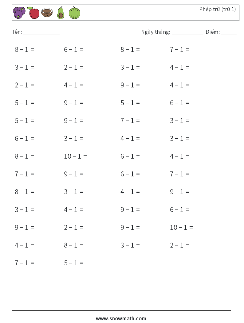 (50) Phép trừ (trừ 1) Bảng tính toán học 4