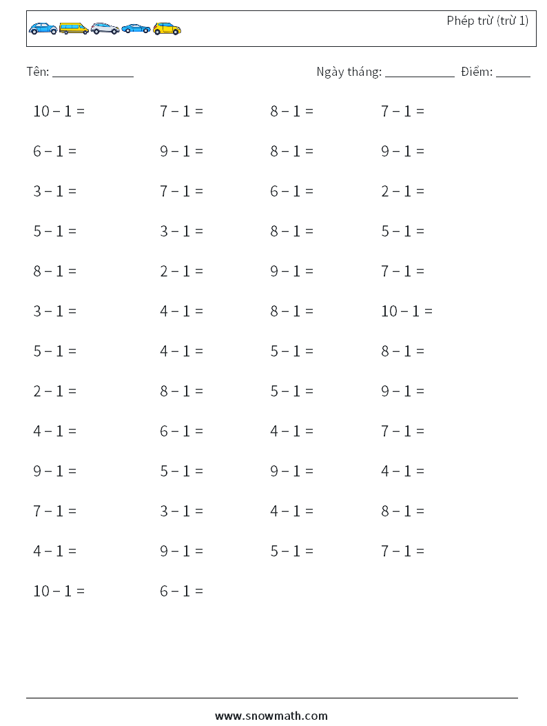 (50) Phép trừ (trừ 1) Bảng tính toán học 5