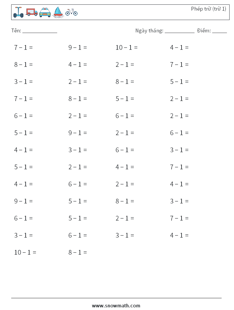 (50) Phép trừ (trừ 1) Bảng tính toán học 7