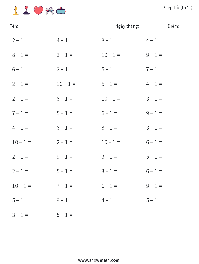 (50) Phép trừ (trừ 1) Bảng tính toán học 8
