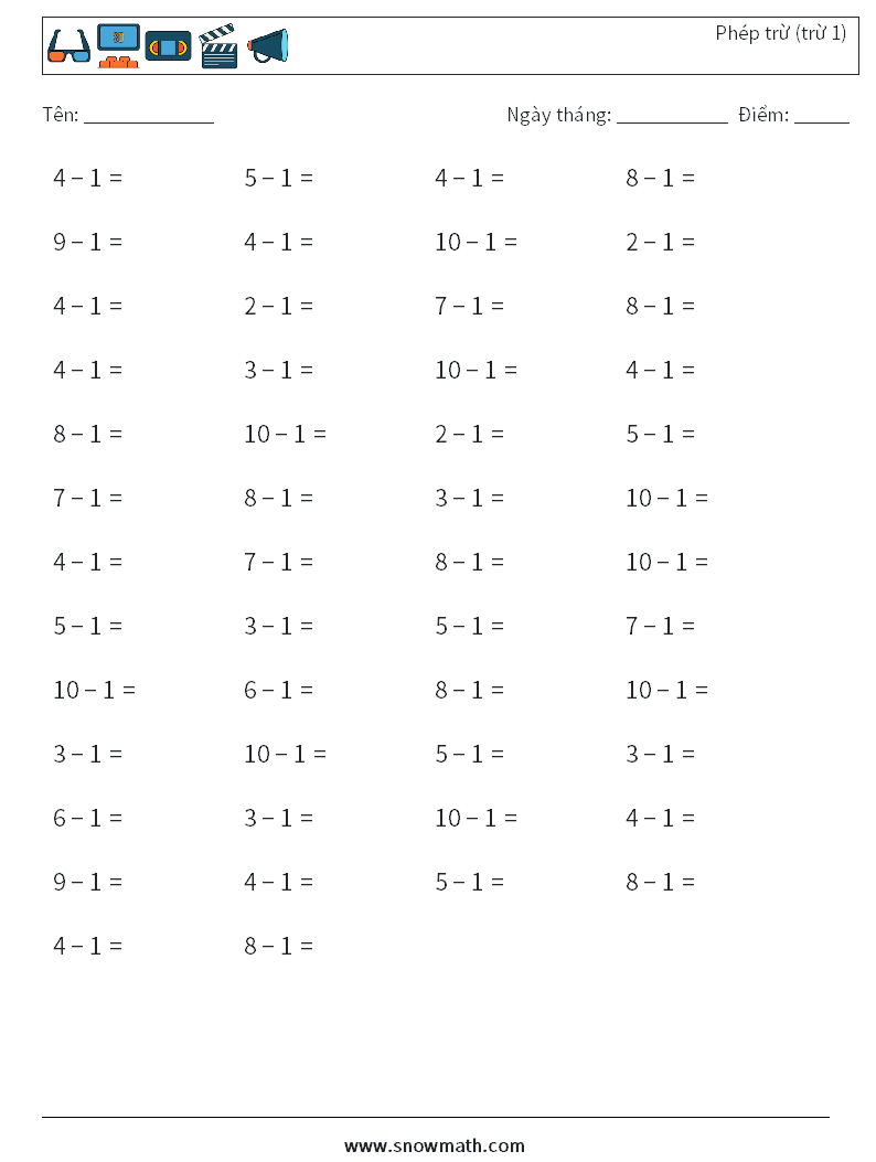 (50) Phép trừ (trừ 1) Bảng tính toán học 9